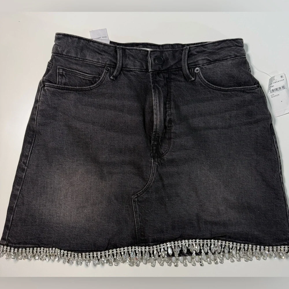 Good American Rhinestone Fringe Denim Mini Skirt NWT Y2K Party Size 4